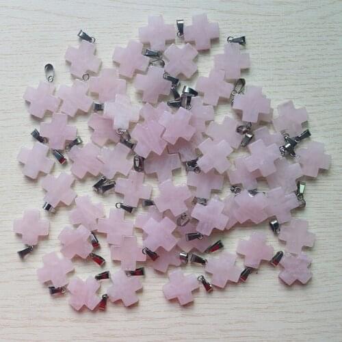 Natural Pink Rose Quartzs Stone Cross Shape Pendants 20*20mm DIY Jewelry Making Earrings For Woman Gift 30Pcs/Lot Wholesale