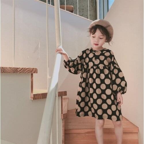 Autumn Korean style fashion girls long sleeve dot printed dresses 100% cotton lantern sleeve casual dress children clothes