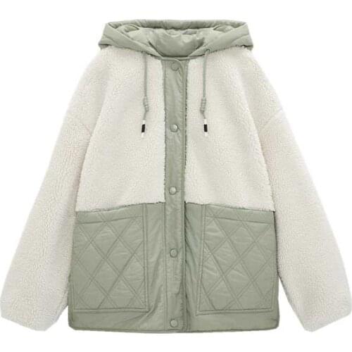New winter womens coat stitching big pockets to keep warm plus cashmere lamb wool fleece cotton jacket