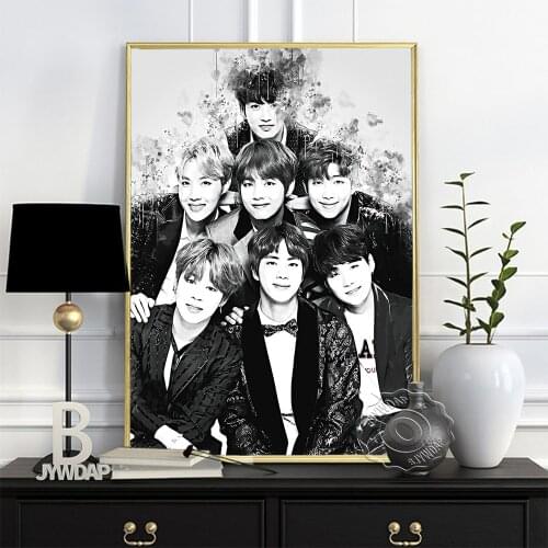Bangtan Boys Black White Print Poster, Korean MenS Musical Group Watercolour Art Prints, Minimalism Figure Picture Home Decor