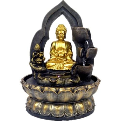 Handmade Resin Craft Gifts Gold Buddhist Statue Led Lucky Feng Shui Mascot Desktop Water Fountains Creative Home Decorations