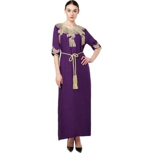 Middle East Turkish Muslim Womens Embroidered Lace-up Short Sleeve Dubai Big Swing Dress Abaya Fashionable And Dignified Robe