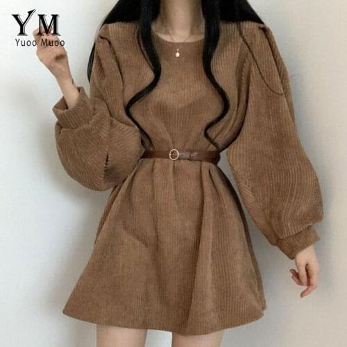 YuooMuoo Vintage Corduroy Black Dress O-neck Puff Sleeve Casual Loose A-line Short Dress with Belt Vestidos Korean Elegant Dress