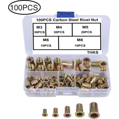 100pcs M3 M4 M5 M6 M8 Carbon steel rivet Nut box color plated zinc flat head vertical pattern rivet nut knurled