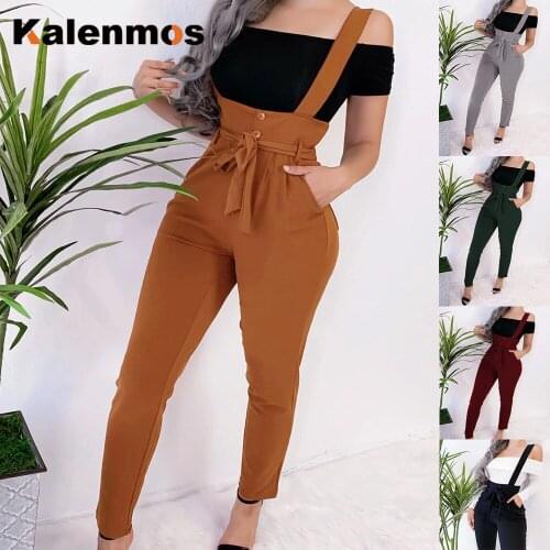Rompers Women Overalls 2020 Spring Solid Color Button Waistband Pockets Sexy Skinny Jumpsuits Feminino Work Bodycon Outfits