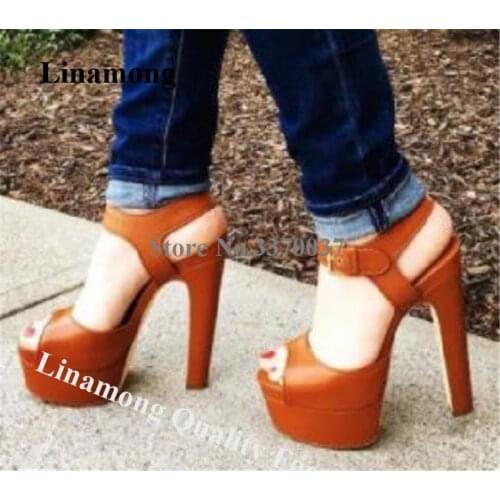 Linamong Newest Open Toe Brown Leather High Platform Chunky Heel Sandals Ankle Strap Buckle Thick High Heel Sandals Dress Heels