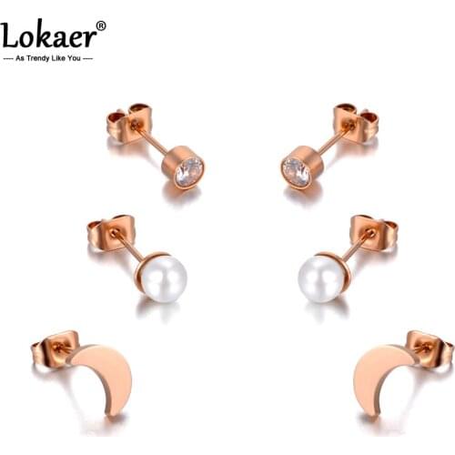 Lokaer Trendy Titanium Stainless Steel Moon Pearl Stud Earrings Jewelry 3Pair/Set Crystal Earrings For Women Girls E20208