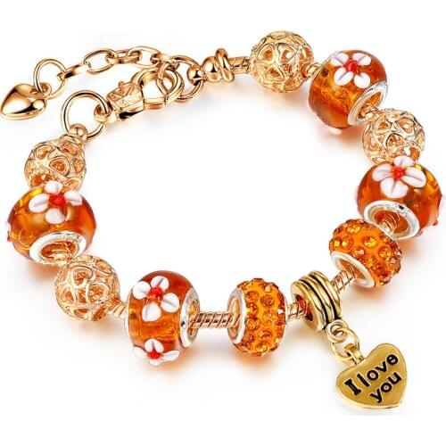 Golden hand-tempered glass European bead bracelet