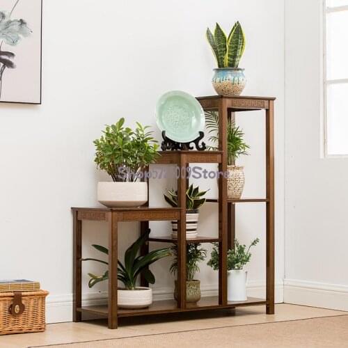Bamboo flower shelf multi-layer living room interior floor simple solid wood green radish succulent flower table flower several