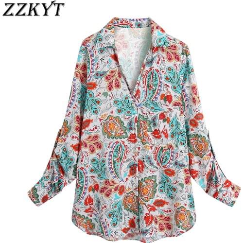 ZZKYT 2021 Women Spring Fashion Floral Print Pockets Long Blouses Vintage Lapel Collar Long Sleeve Female Shirts Casual Tops