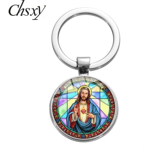 CHSXY Jesus Key Chain Christian Religious Belief Jesus Fish Cross Art Photo Cabochon Glass Car Keychain Gift Jewelry Accessories