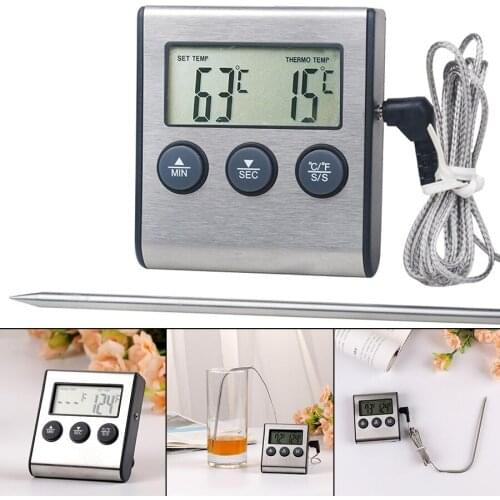 Digital BBQ Cooking Oven Thermometer Meat Kitchen Food Temperature Meters for Grill Timer Function with Stainless Steel Probe