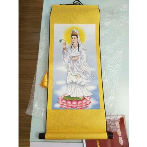 Spiritual protection Bless family Home living room altar WALL Decorative Lotus Guanyin Buddha FENG SHUI chinese silk painting