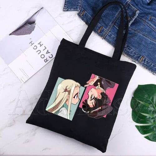 Hanako Kun Women Female Foldable Canvas Shoulder Bag Canvas Tote Eco Shopping Bag Canvas Tote Bag Casual HandBag Daily Use Black