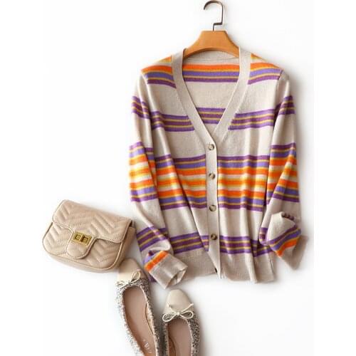 2020 autumn witner new style 100% cashmere v neck striped cardigan women fashion ladies chic sweater warm outwear