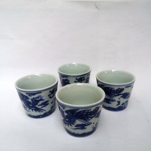 YIZHU CULTUER ART 4 Pcs Collection China Old blue-and-white Porcelain Painting Phenix Cup Bowl