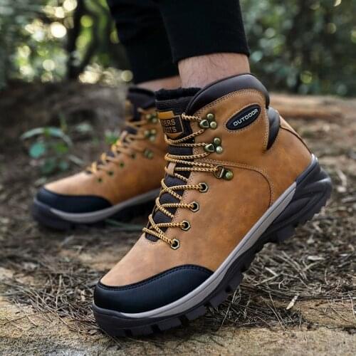 Mens Boots Working Tactical Boots outdoor Split Leather Ankle Boots fashion Plush warm Snow Boots Lace-up Winter Shoes men