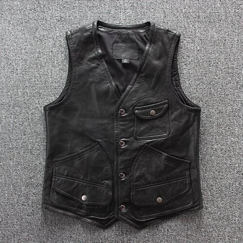 Mens Real Leather Vest Spring Genuine Leather Sheepskin Sleeveless Jackets Black Multi Pocket Short Slim Casual Waistcoat
