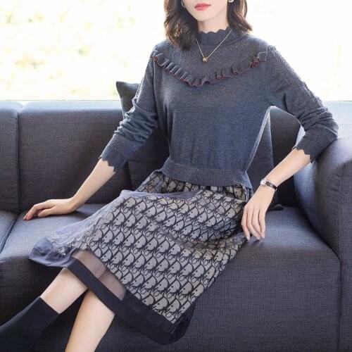 Autumn Vintage Women Fake Two Piece Sweater Dress 2021 Winter Casual 3XL Plus Size Knitting Midi Dress Elegant Bodycon Vestidos
