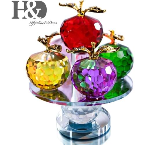 H&D Crystal Apple Figurine Rotating Base Fruit Ornament Handmade Glass Cut Paperweight Craft Home Xmas Party Collectible Decor