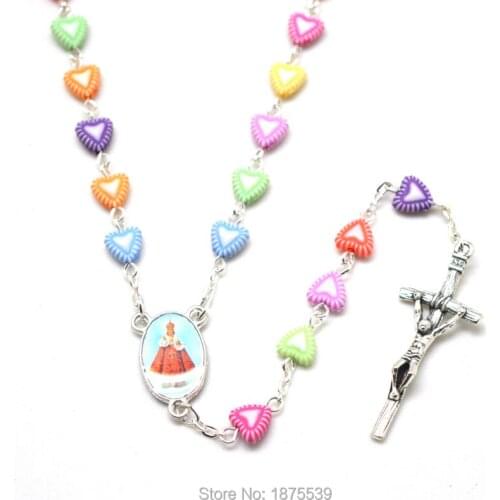 Heart Acrylic Bead Rosary Necklace Christ Jesus Center Medals