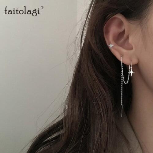 1 Set Simple Shine Star Cross Stud Earring Long Chain Tassel Earrings For Women Geometric Piercing Ear Jewelry Party Girl Gift