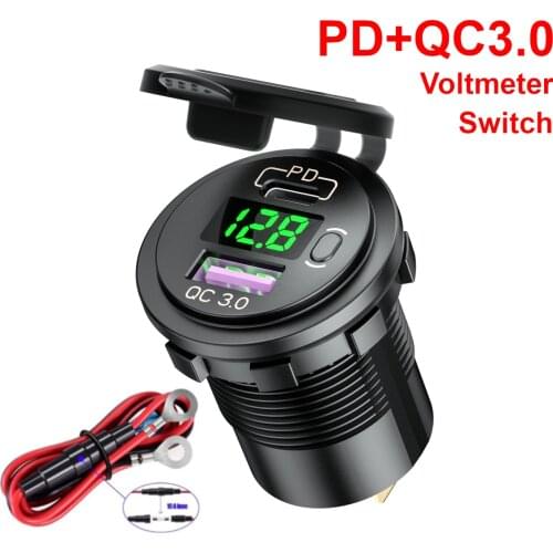 PD Type C QC 3.0 USB Fast Charger Socket with Switch Voltmeter Power Outlet Quick Charge for 12V 24V Car Motorcycle RV Boat