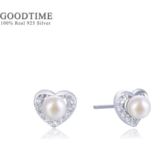 Luxury Rhinestone Earring For Women Pure 100% 925 Sterling Silver Heart Pearl Stud Earrings Valentines Day Fashion Gift