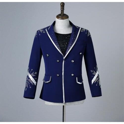 Blue suit mens blazers multi-color diamond-studded jackets stage performance costume dress singer group dance мужской пиджак