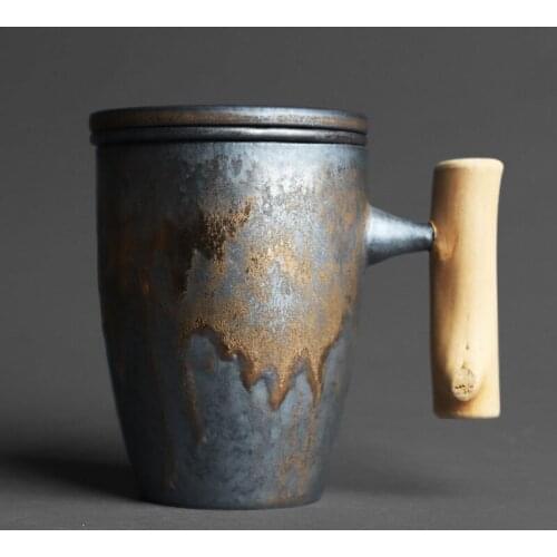 Japanese-style kiln blackened gold personal office tea cup with wooden handle handle design with inner liner tea separation cup