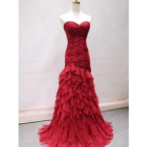 2020 Mermaid Evening Dress Strapless Pleats Tulle Long Prom Gowns Sweep train