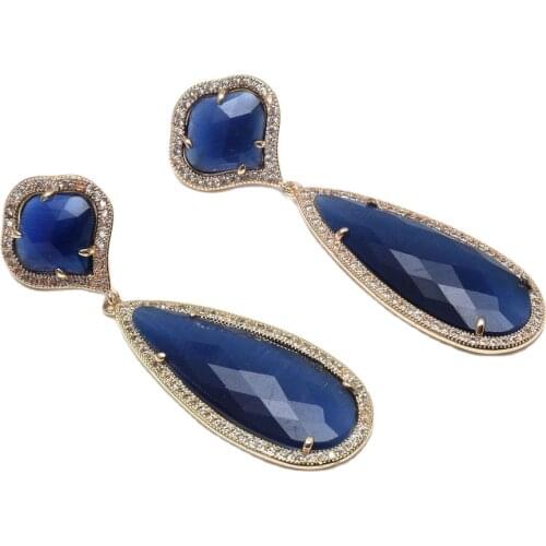 GuaiGuai Jewelry Natural Gold Plated CZ Flower Blue Cat eye Leverback Earrings Cute For Women Lady Girl Gift Jewelry