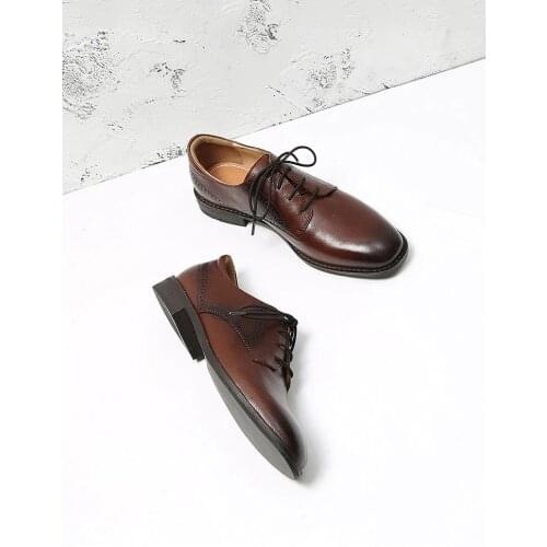 MORDOAN Oxfords Women Calfskin Genuine Leather Square Toe Lace-Up Ladies Casual Flat Shoes Derby Shoes Retro Brock Womens Shoes