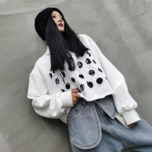 10426 Autumn Women Short Sweatshirt Hooded Streetwear Hip Hop Punk Cool Personality Dot Hollow Out Long Sleeve Pullover Hoodie