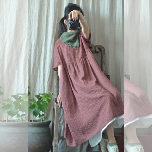 Women Cotton Short Sleeve Plaid Dress Ladies Retro Loose Dress Female Vintage Dress Summer Dresses 2018 Cute