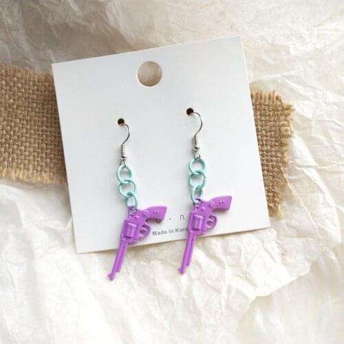 ZICcoWong Purple Toy Gun Dangle Earrings Vintage Colorful Long Chain Statement Drop Earring for Woman Girl Party Brincos Jewelry