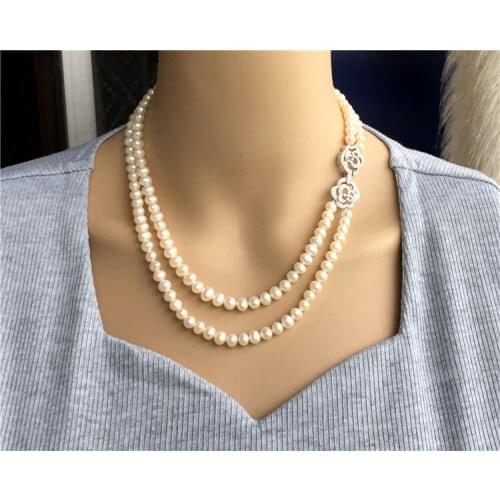 100% natural 7-8mm white freshwater pearl Hand knotted 43-48cm double necklace Rare jewelry