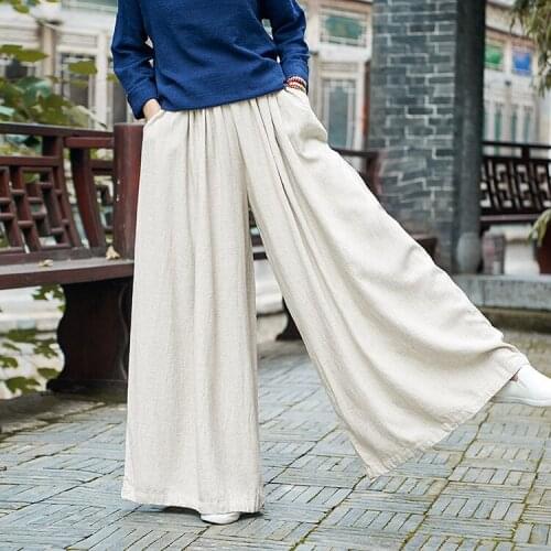 2020 Cotton And Linen Loose High Waist Female Wide Leg Trousers Casual Women Summer Pants
