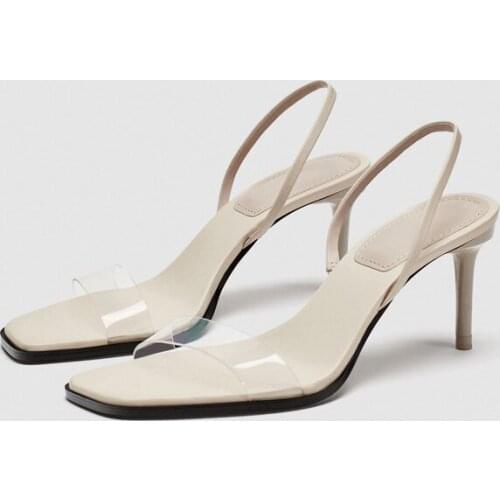 2021 Summer High Heels Sandals Pvc Transparent Thin Heel Womens Pumps Elegant Beige Dress Shoe Back Strap Sandalias Mujer