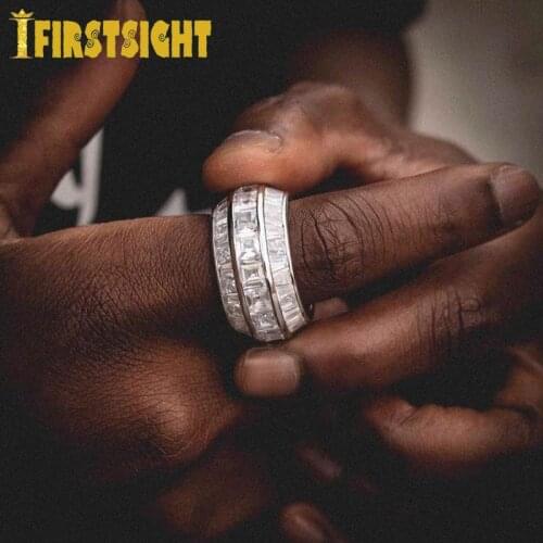 2021 New Gold Silver Color Baguette Zircon Rings Iced Out Rectangle CZ Charm Cubic Zirconia Fashion Mens Rings Hip Hop Jewelry