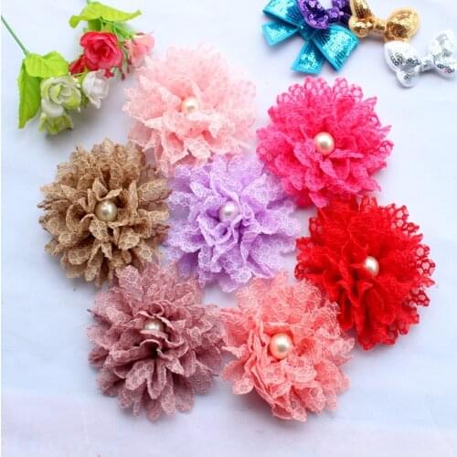Hot sale 3.8 InchLace Chiffon Flowers with round pearl center Soft Promotion Solid Ballerina Flower wholesale 50PCS accessories