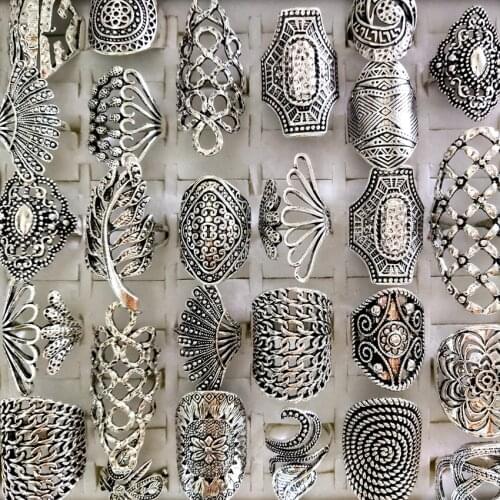 50pcs/Lot Retro Top Mix Vintage Carved Flower Silver Plated Women Men Rings Antique Party Gifts Cool Jewelry Size 17mm to 21mm