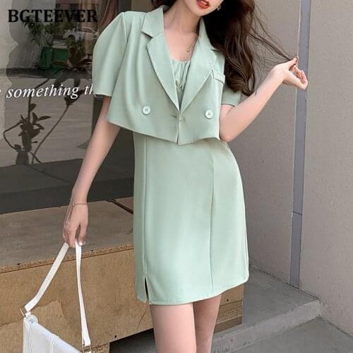BGTEEVER Elegant Women Dress Suits Short Blazer Jacket & Spaghetti Strap Mini Dress 2021 Summer Female 2 Pieces Set