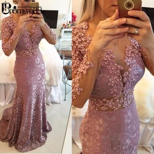 Elegant Mermaid Muslim Evening Dresses 2020 O-Neck Long Sleeves Lace Pearls Islamic Dubai Saudi Arabic Formal Evening Gown Long