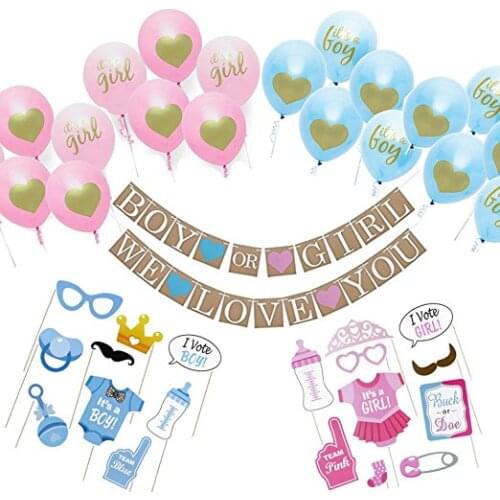 Hot Gender Reveal Baby Shower Decorations 66pcs - Boy or Girl Banners Party Balloons Photo Booth Props