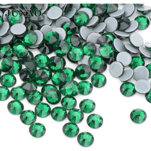 JUNAO SS6 8 10 16 20 30 Emerald Green Hot Fix Rhinestones Iron On Glass Strass Flat Back Hotfix Crystal For Fabric Transfer