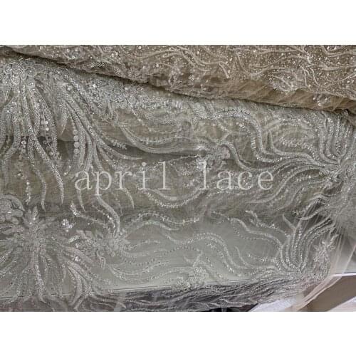 Lx002 5yards/lot new 2020 beige mesh mix color sequin bead wedding embroidery tulle mesh lace fabric for sawing bridal dress