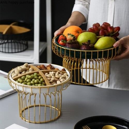 High Foot Metal Fruit Plate Round Ceramics Dessert Cake Stand with Partition Home Use Multi Grid Dried Fruit Snack Tray Wobble