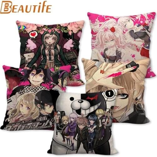 45X45cm Danganronpa Anime Pillow Cover Square Zipper Cotton Linen Fabric Pillow Cases Bedroom Home Decorative Boys Girls Gift