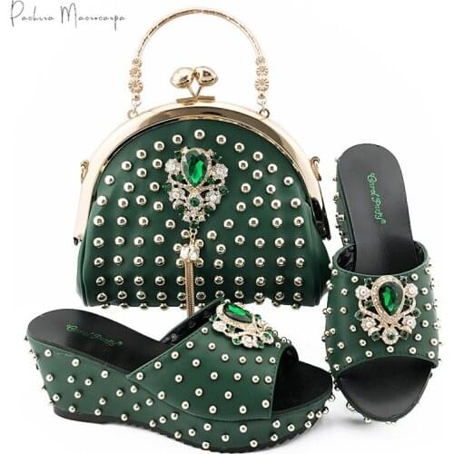 New Arrival Italian Design D.Green Color African Crystal Style Nigerian Women Shoes and Bag Set Full of Rivet in Party